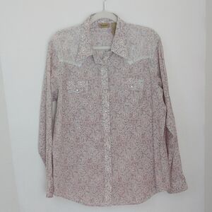 Wrangler Womens Lace Trim Pearl Snap Button Up Shirt Sz XL White Paisley Western